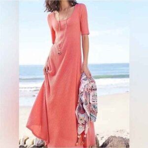 Soft Surroundings Size M Maxi Dress Textured Ribbed Short Sleeve Santiago Coral
